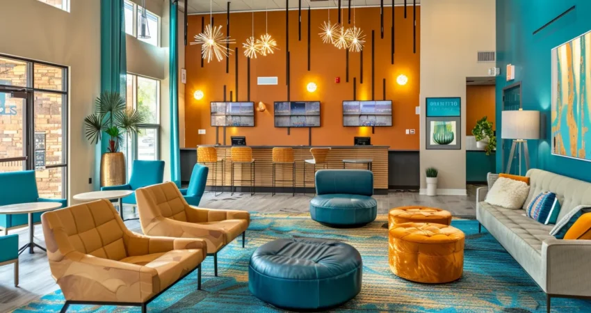 vibrant shades of teal and gold paint adorning the walls of a modern living room in raleigh, nc.