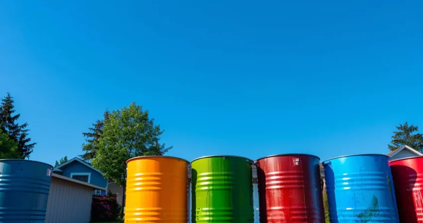 vibrant, weather-resistant paint cans lined up against a backdrop of raleigh homes under a clear blue sky.