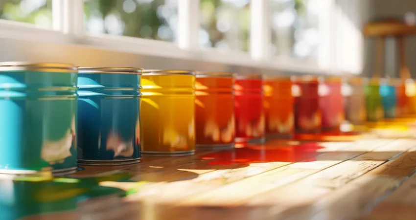 vivid paint cans in various shades on a hardwood floor in a sunlit room, symbolizing cost considerations for interior painting in raleigh, nc.