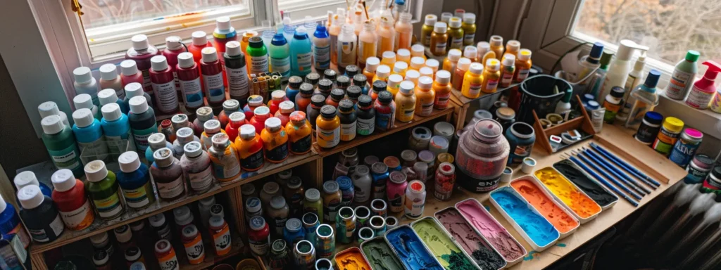 a colorful array of base paints, pigments, and mixing tools neatly arranged on a well-organized workspace, showcasing the essentials for perfect color mixing for raleigh homes.