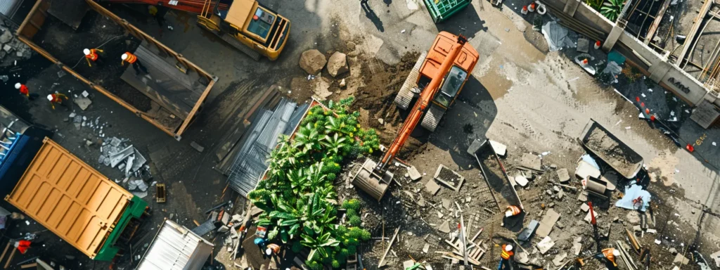 a construction site bustling with workers sorting through piles of debris for recycling materials, while a green roof with thriving plants provides a sustainable backdrop.