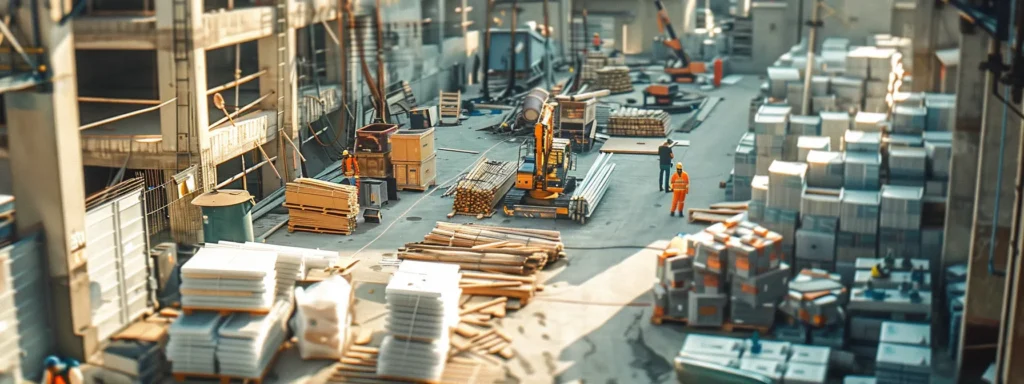 a construction site bustling with workers using eco-friendly materials, surrounded by stacks of sustainable building supplies and equipment.