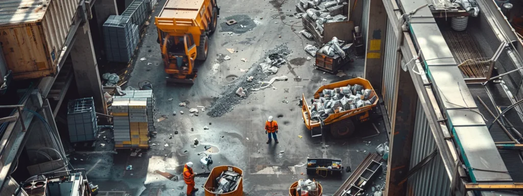 a construction site with workers efficiently sorting and recycling materials, showcasing sustainable building practices.