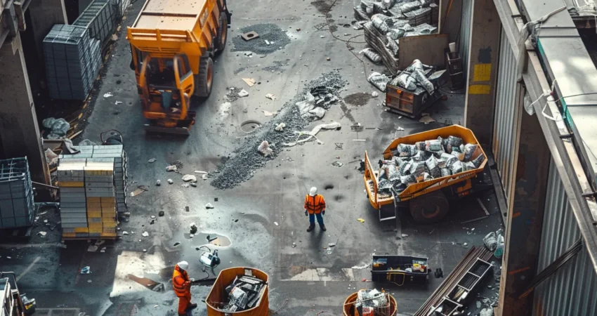 a construction site with workers efficiently sorting and recycling materials, showcasing sustainable building practices.