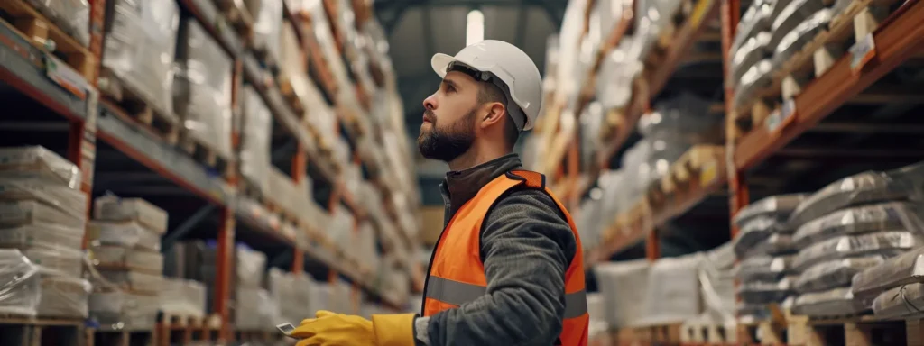 a construction worker carefully selecting eco-friendly and renewable building materials from shelves labeled with sustainability certifications.