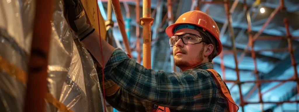 a construction worker carefully selecting eco-friendly materials from a limited supply chain, surrounded by various building codes and regulations, while educating stakeholders on sustainable practices.