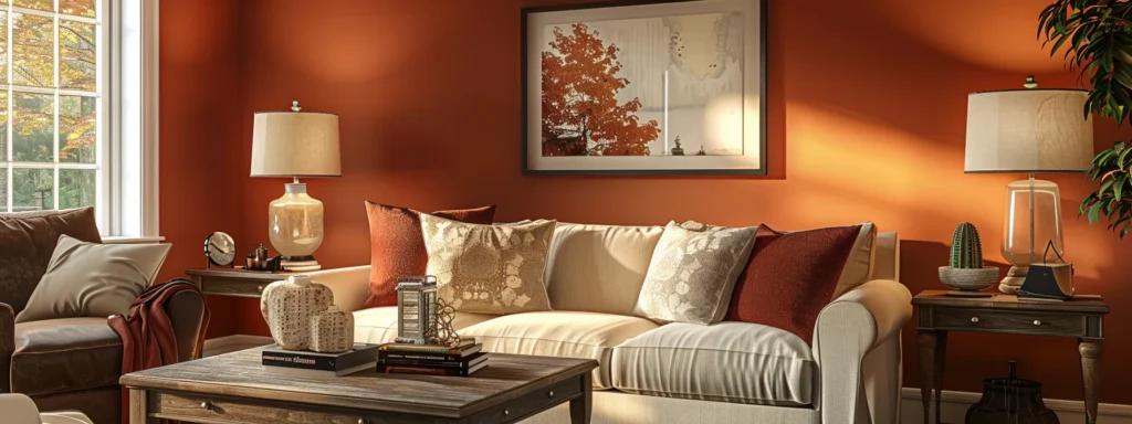 a cozy living room painted in warm earth tones inspired by raleigh's rustic landscapes, with accents of red and white reminiscent of the iconic raleigh lighthouse, creating a harmonious and inviting ambiance.