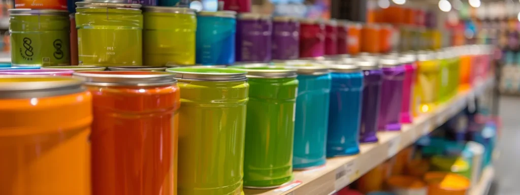 a display of colorful cans of eco-friendly interior paint brands, showcasing their sustainable features and innovative properties in a local store in raleigh, nc.