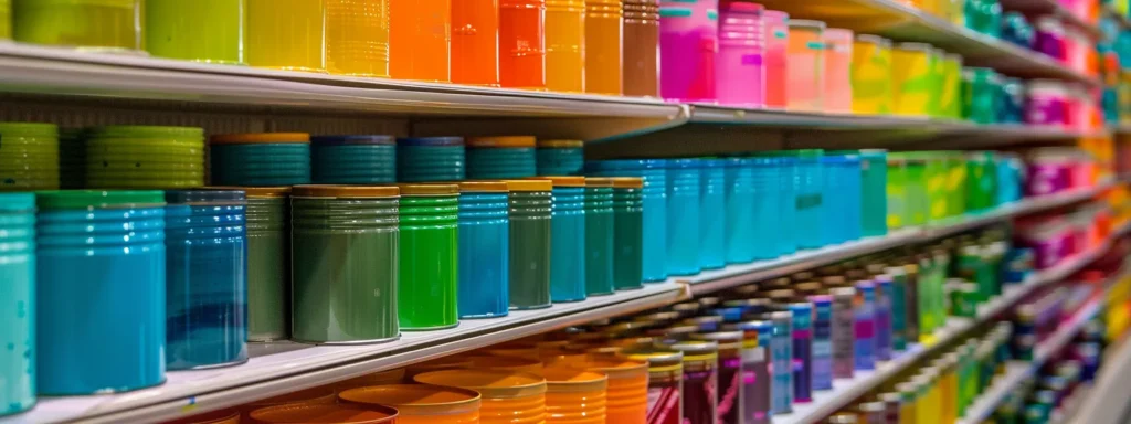 a display of vibrant, eco-friendly paint cans in a local raleigh home improvement store.