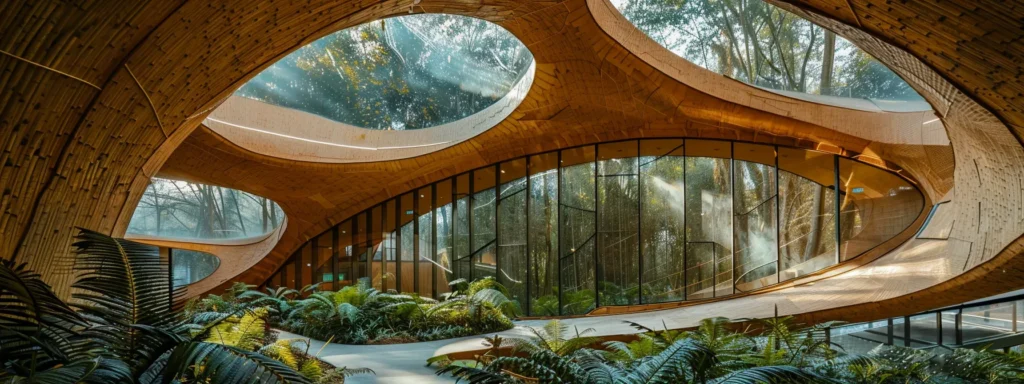 a futuristic building constructed with bamboo, hempcrete, recycled steel, mycelium composites, and ferrock, showcasing innovative green materials transforming the construction industry.