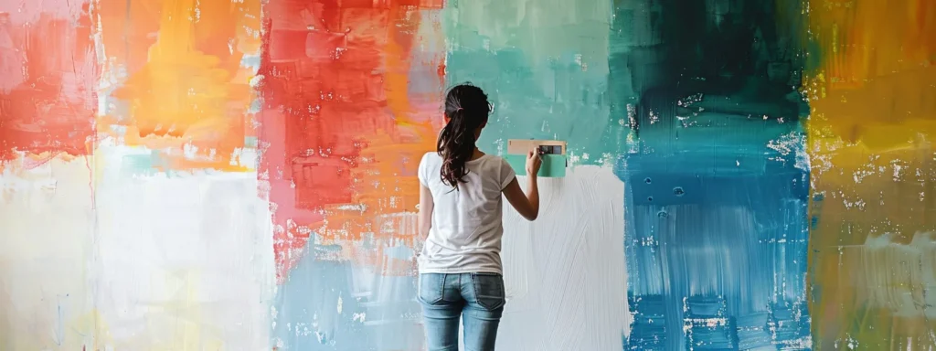 a homeowner carefully priming a properly prepared wall with durable paint samples in various colors and finishes spread out in front for comparison.