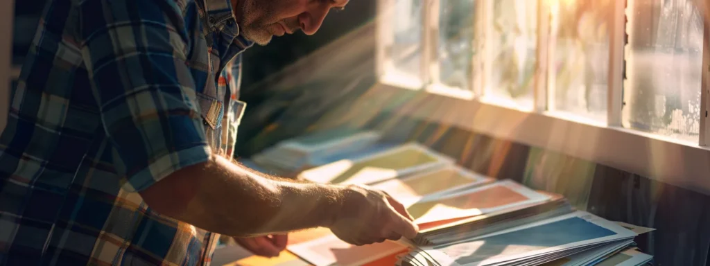 a homeowner in raleigh carefully comparing different paint swatches under the natural sunlight streaming through a window.