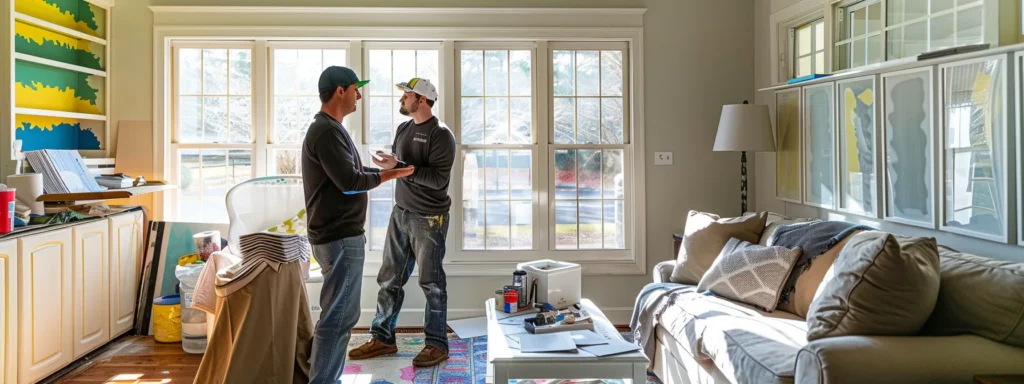 a homeowner in raleigh, nc, carefully covering furniture and discussing color schemes with a painter in a bright, spacious room filled with paint swatches and protective drop cloths.