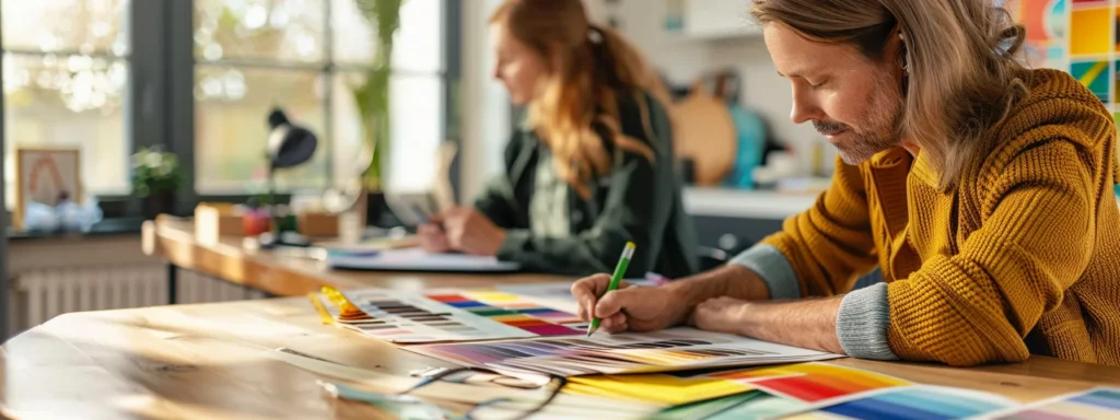 a homeowner sitting at a table with a color consultant, surrounded by vibrant paint swatches and jotting down notes during a consultation session.