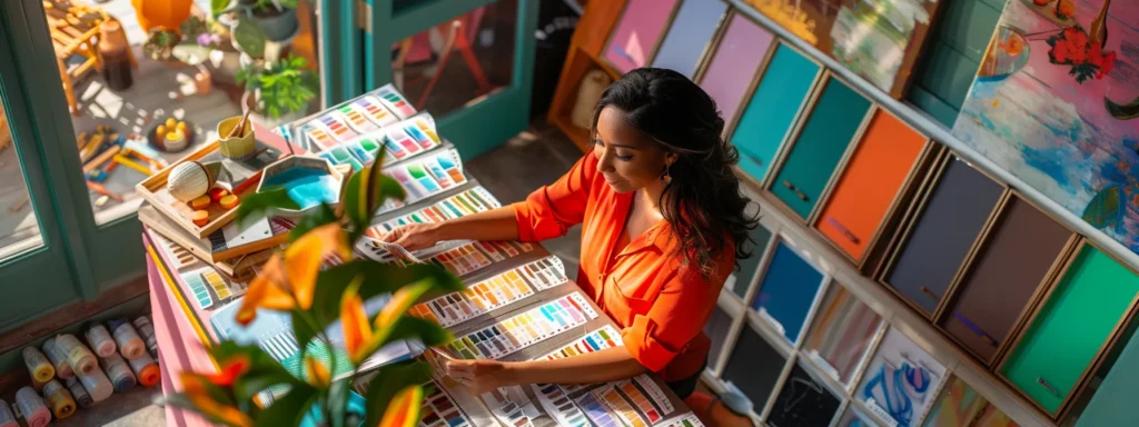 a homeowner surrounded by a collection of vibrant paint swatches and inspirational images, preparing for a color consultation in raleigh.