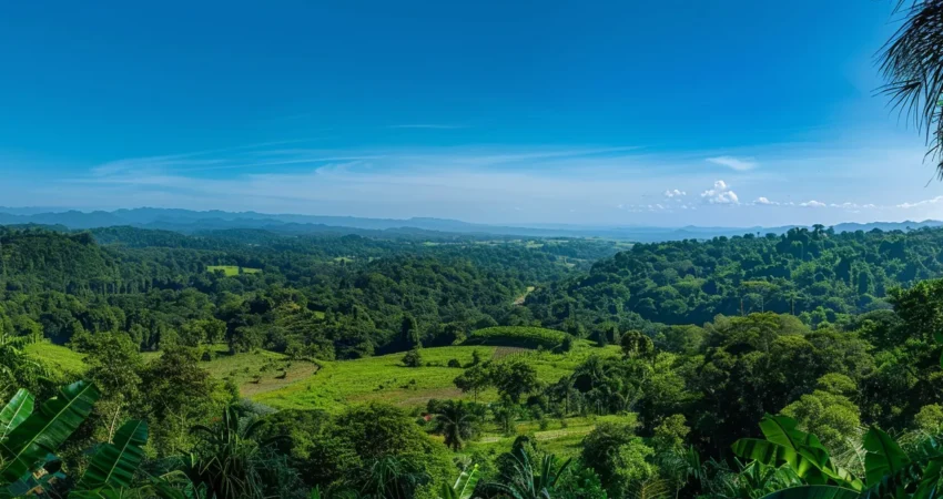 a lush forest filled with towering, vibrant green trees under a clear blue sky, showcasing the beauty and abundance of sustainable timber for your next project.