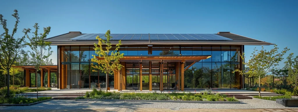 a modern and sustainable building made of renewable materials, showcasing energy efficiency, cost savings, and a minimal carbon footprint.