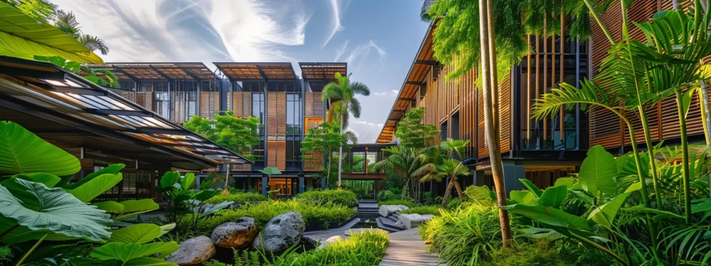 a modern building constructed with bamboo and advanced thermal insulation, surrounded by lush greenery and powered by solar panels.