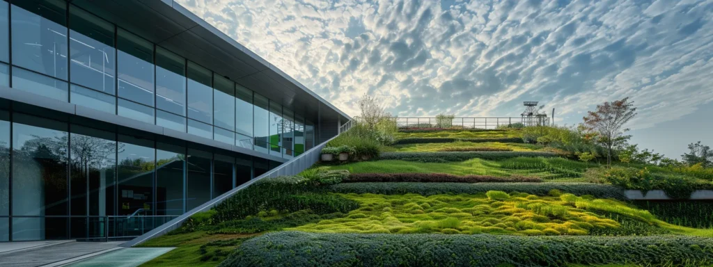 a modern building with a striking green roof and living walls, showcasing innovative technology for sustainable construction.