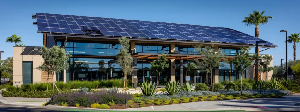 a modern commercial building showcasing energy-efficient design with solar panels, green landscaping, and large windows emitting natural light.