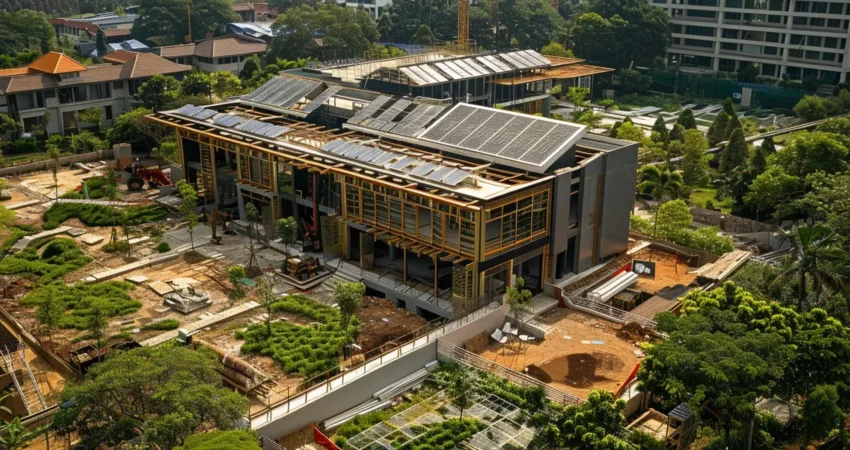 a modern eco-friendly building under construction, surrounded by solar panels and lush green landscaping.