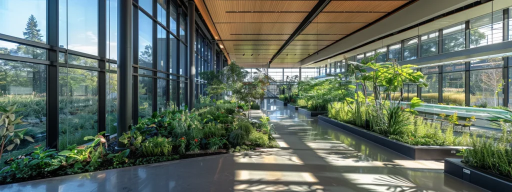 a modern, eco-friendly building with large windows allowing sunlight to flood the interior, surrounded by native plants to manage storm water runoff.