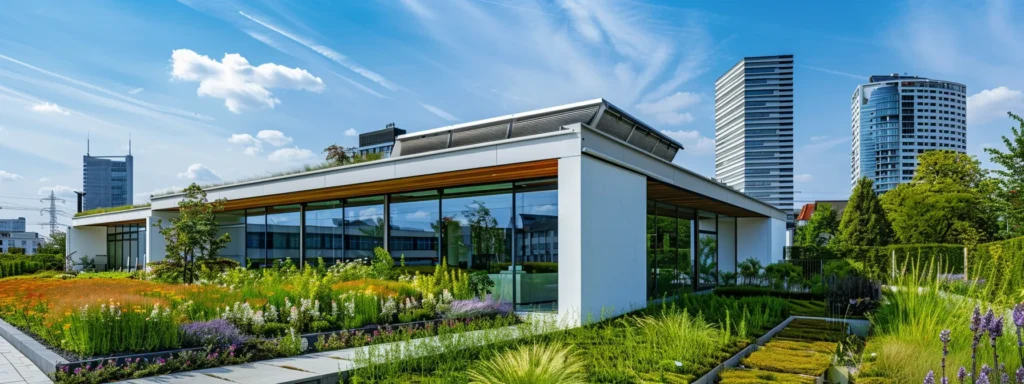 a modern eco-friendly building with a rooftop garden, solar panels, and a rainwater cistern, showcasing sustainable construction practices.