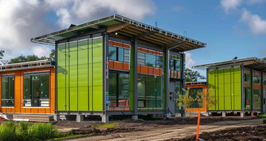 a modern, eco-friendly building made entirely of sleek, sustainable green materials stands out amongst traditional construction sites. 

(note: this sentence combines the content and provides a vivid visual scene for a photo of green construction materials revolutionizing black sheep construction.)