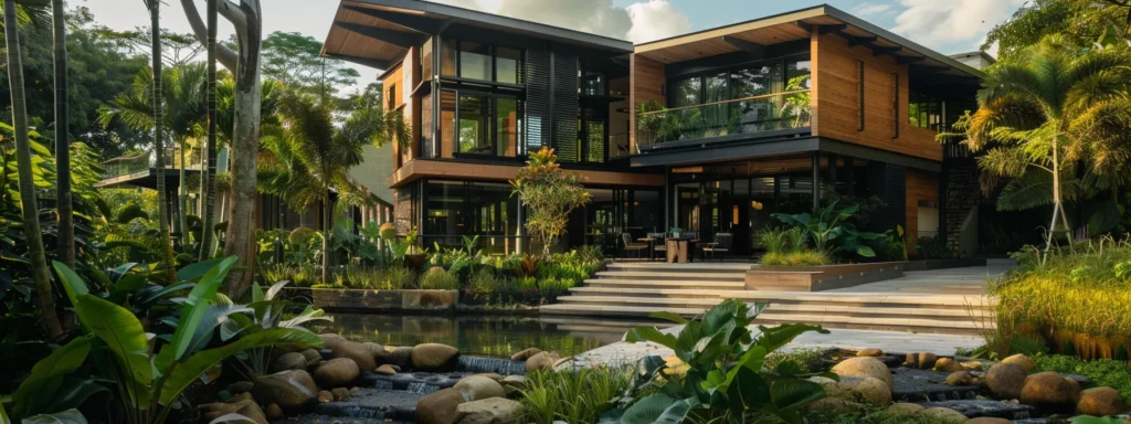 a modern eco-friendly building with rainwater harvesting systems, low-flow plumbing fixtures, and lush water-efficient landscaping promoting sustainability.