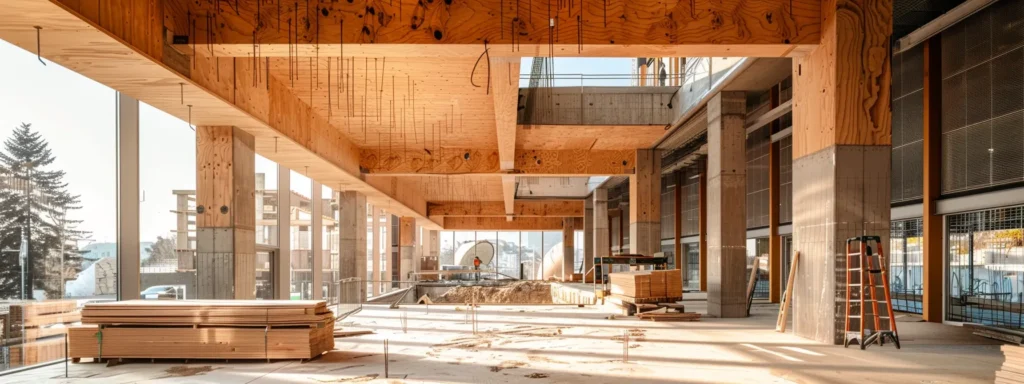 a modern, eco-friendly construction site with sustainable timber materials, showcasing energy-efficient design and environmentally conscious building practices.