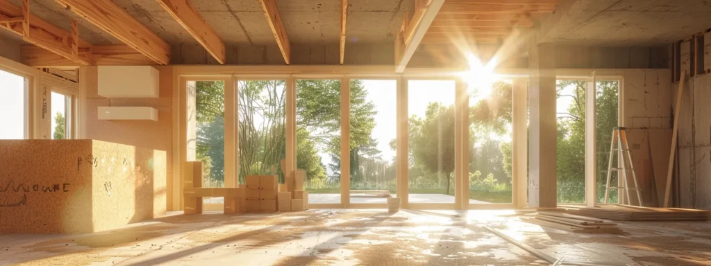 a modern, eco-friendly house under construction, featuring energy-efficient materials like cork insulation, infrared technology, and stormwater management systems.