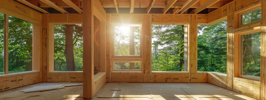 a modern, eco-friendly house under construction with low emissivity windows, cellulose insulation, plastic components, and composite lumber being used, showcasing the importance of energy-efficient building materials in sustainable construction practices.