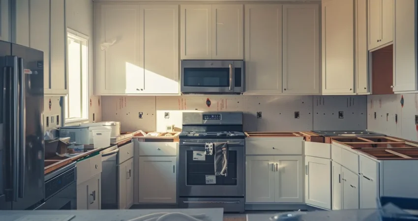 a modern kitchen with sleek white cabinets and stainless steel appliances being renovated in raleigh.