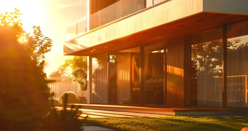 a modern, sleek home constructed with energy-efficient materials glowing under the warm sun.