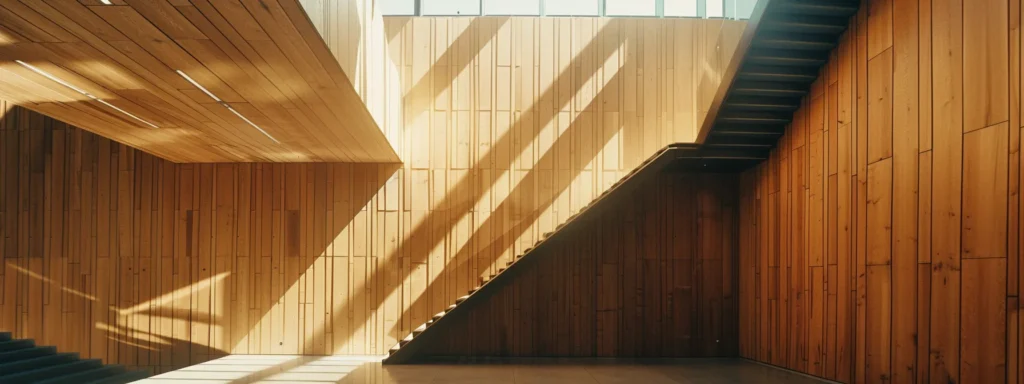 a modern, sleek wooden building gleaming in the sunlight, showcasing the strength and durability of sustainable timber in enhancing building performance.