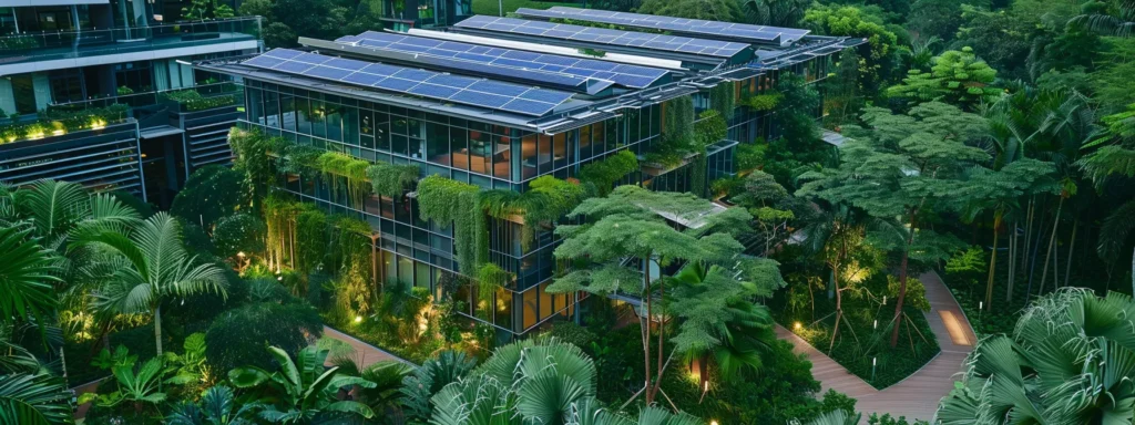 a modern sustainable building with solar panels on the roof, surrounded by lush green landscaping and rainwater harvesting systems.