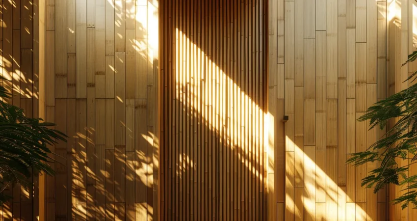 a modern, sustainable building constructed with sleek bamboo panels and energy-efficient windows glowing in the sunlight.