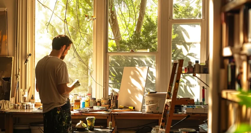 a painter in raleigh carefully comparing vibrant water-based and rich oil-based paints in a sunlit studio.