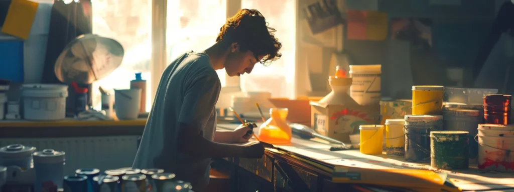 a painter meticulously measuring a brightly lit room with paint cans and brushes stacked neatly in the background.