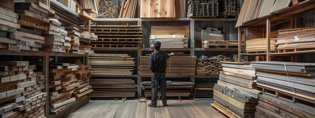 a person carefully examining a variety of eco-friendly timber samples in a well-lit workshop, surrounded by stacks of sustainable wood planks.