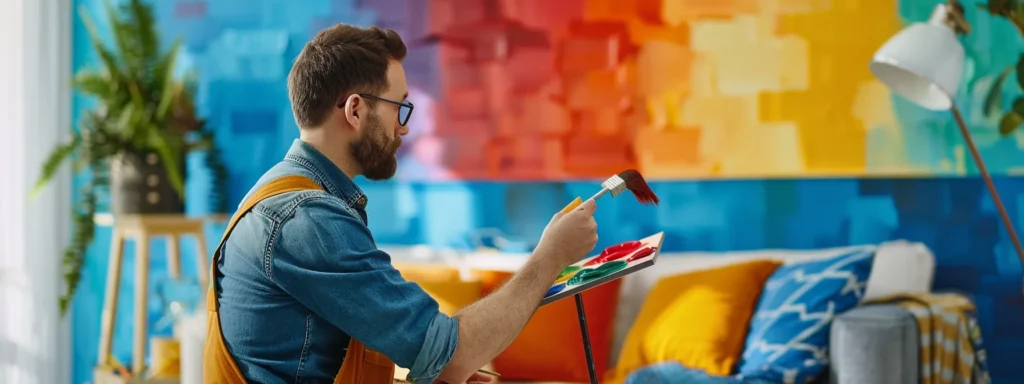 a professional painter carefully selecting vibrant colors from a palette while preparing to paint a modern living room in raleigh, nc.