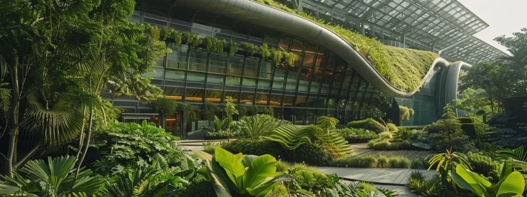 a sleek, futuristic building made entirely of recycled materials, surrounded by lush greenery and solar panels, symbolizing eco-friendly construction innovations.