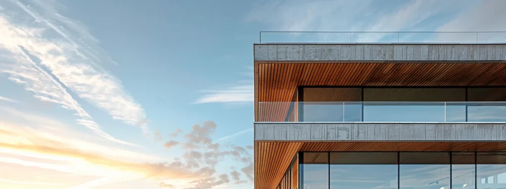 a sleek, modern building showcasing a combination of bamboo, hempcrete, rammed earth, recycled steel, and mycelium composites, highlighting the innovative use of renewable materials in sustainable construction.