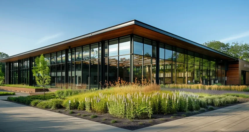 a sleek modern building constructed with recycled materials, surrounded by lush green landscaping.