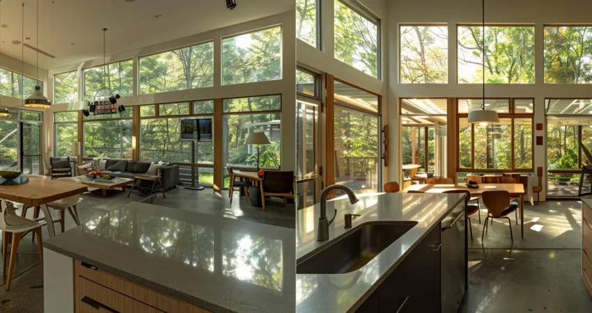 a sleek, modern kitchen with recycled glass countertops, bamboo cabinets, and stainless steel appliances, creating a sustainable and stylish space for a raleigh remodel.