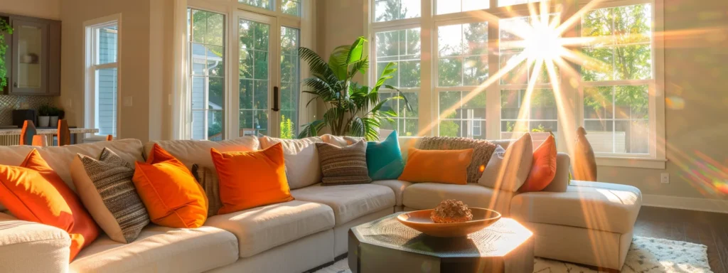 a sunlit living room in a raleigh home adorned with a balance of warm and cool color tones, accented with pops of vibrant hues for visual interest.