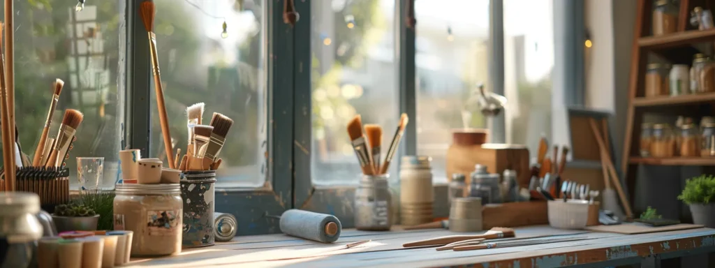 a table displaying high-quality brushes, rollers, and eco-friendly paint options for interior surface preparation.