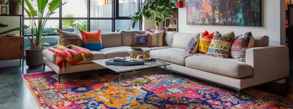 a vibrant, colorful rug blending seamlessly with a matching sofa and coordinating decor in a stylish raleigh living room.