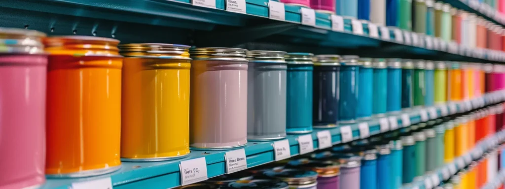 a vibrant display of eco-friendly interior paint cans in a local raleigh, nc store, showcasing various shades and labels promoting sustainability.