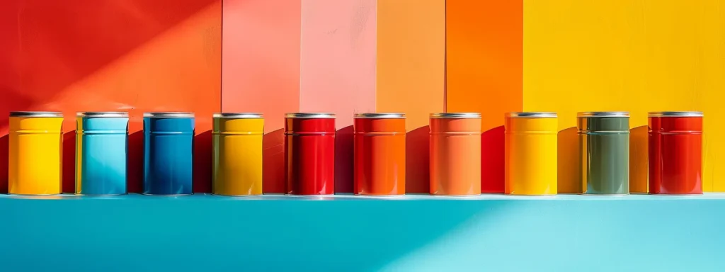 vibrant paint cans lined up next to color swatches and wall samples, showcasing the factors influencing interior painting costs in raleigh, nc.